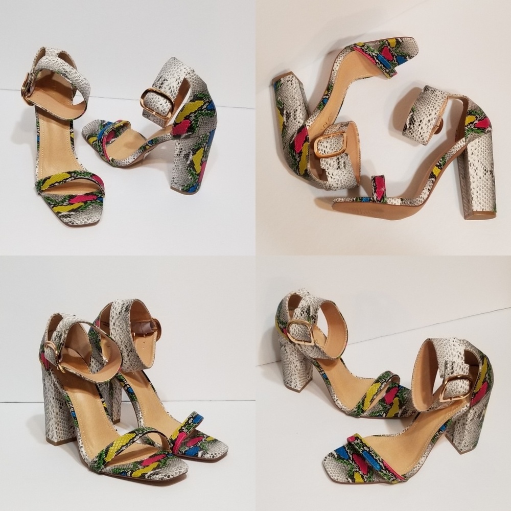 Faux Snakeskin Chunky Heel Sandals